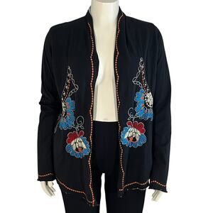 Biya Johnny Was Embroidered Floral Cardigan Sweater Black Size Medium